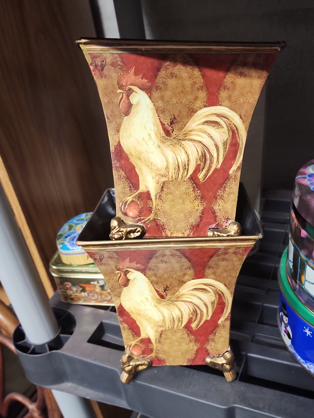 2 Decorative metal Rooster Planter Pair in Red and Gold